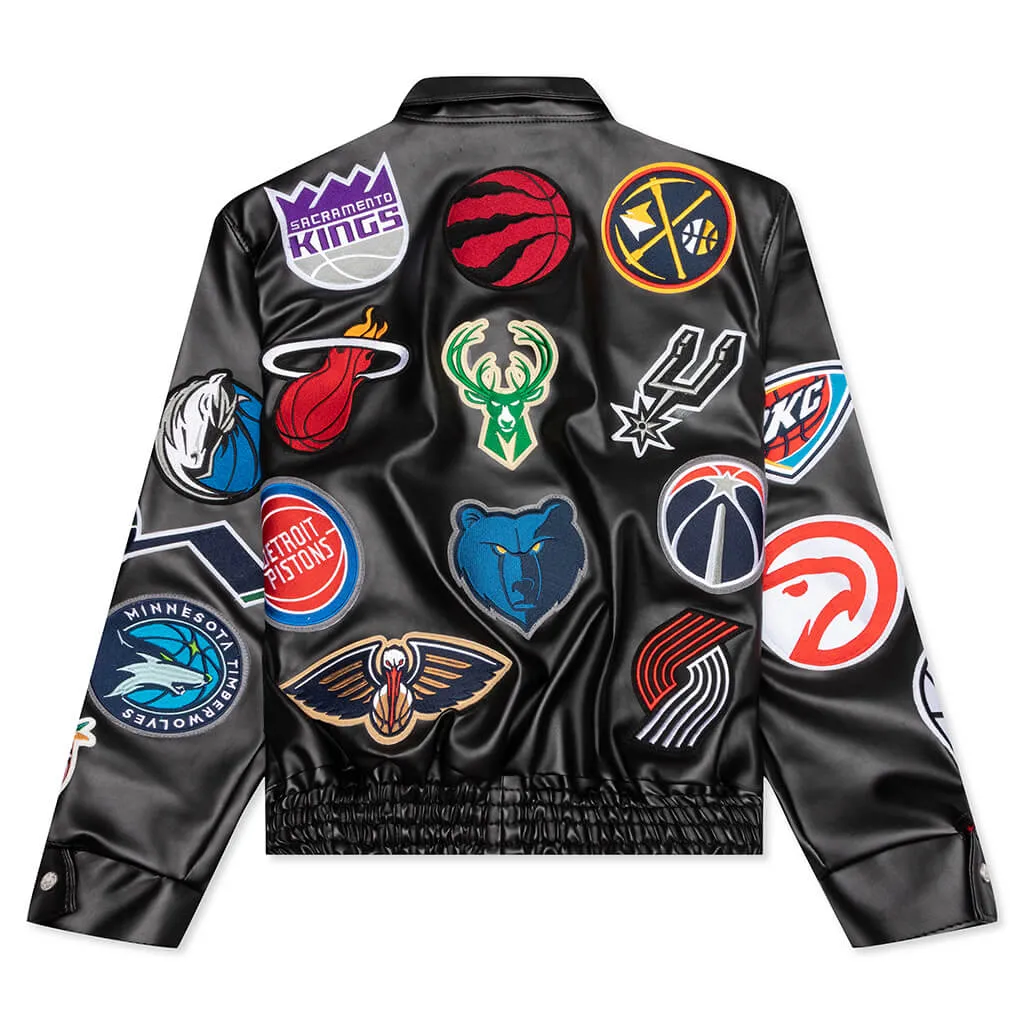 NBA Collage Vegan Leather Jacket - Black