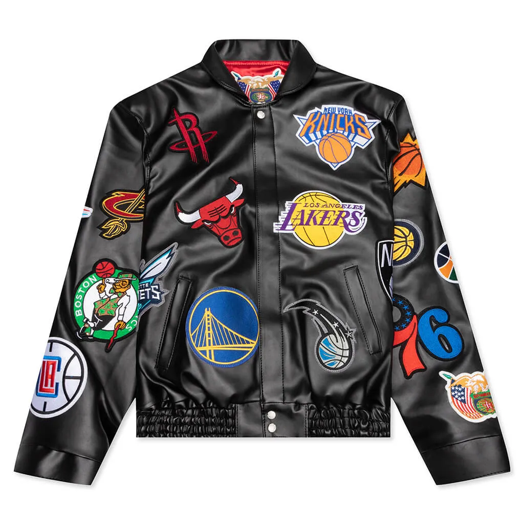 NBA Collage Vegan Leather Jacket - Black