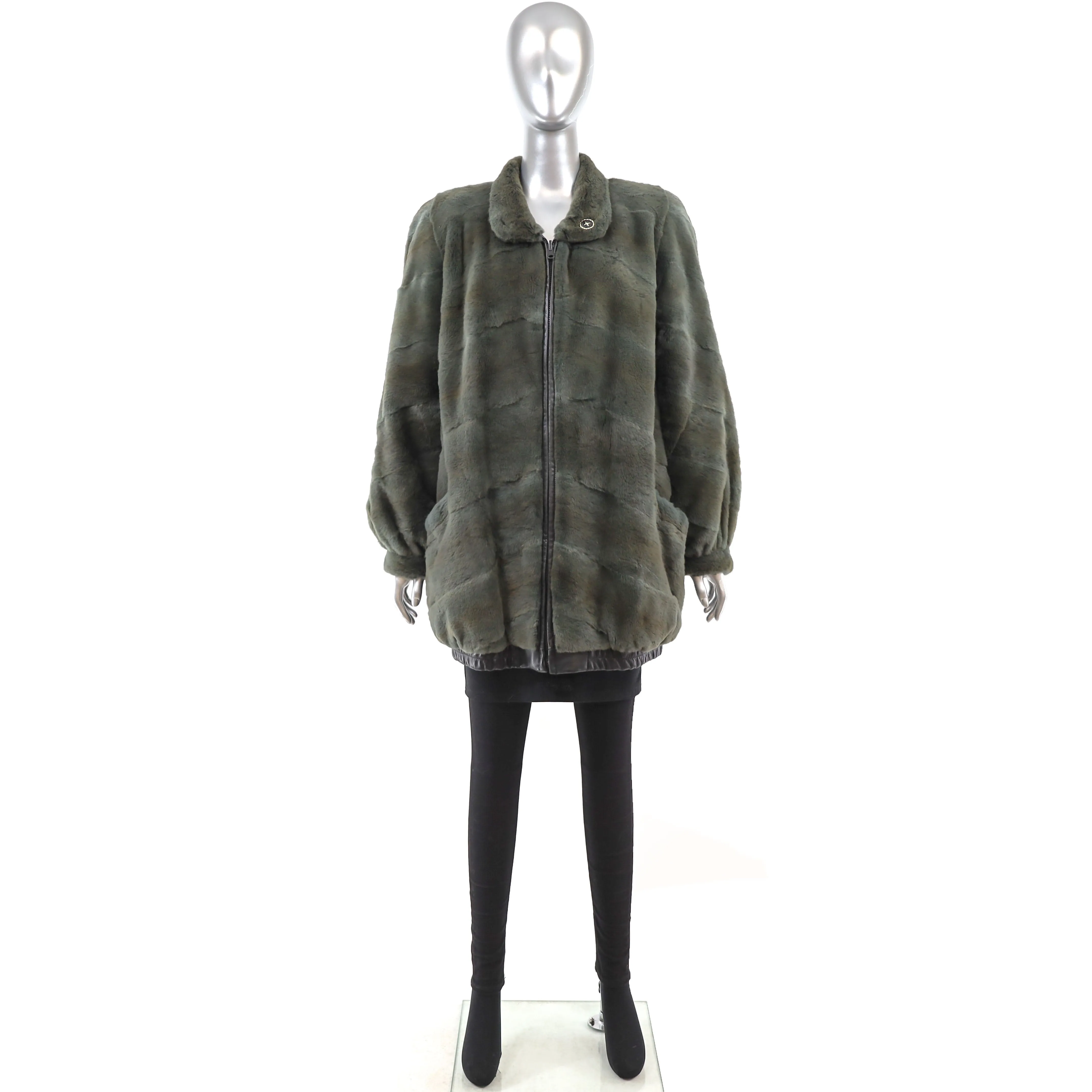 Olive Green Sheared Mink Jacket Reversible to Leather- Size M-L