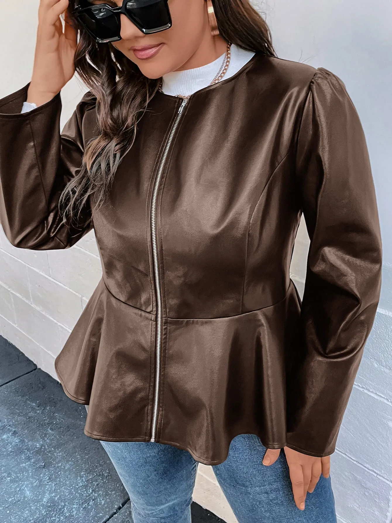 Plus Puff Sleeve Peplum PU Leather Jacket