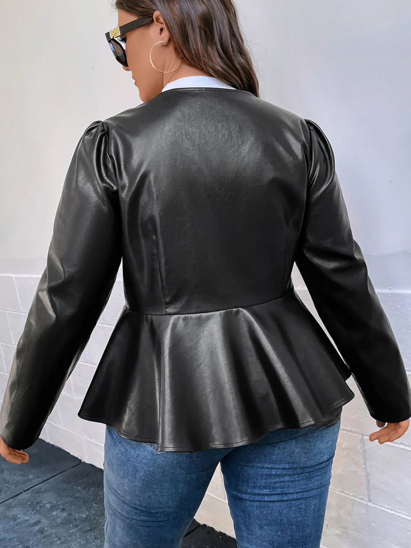 Plus Puff Sleeve Peplum PU Leather Jacket