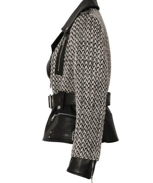 Real Leather and Tweed Belted Jacket