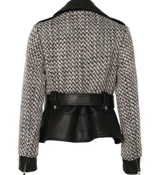 Real Leather and Tweed Belted Jacket