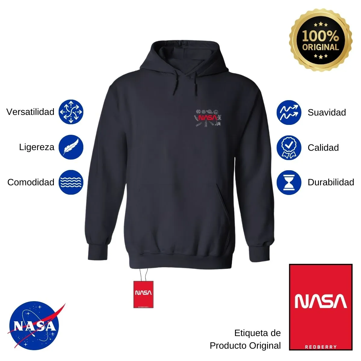 Sudadera Hombre Hoodie Nasa Espacio Escudo