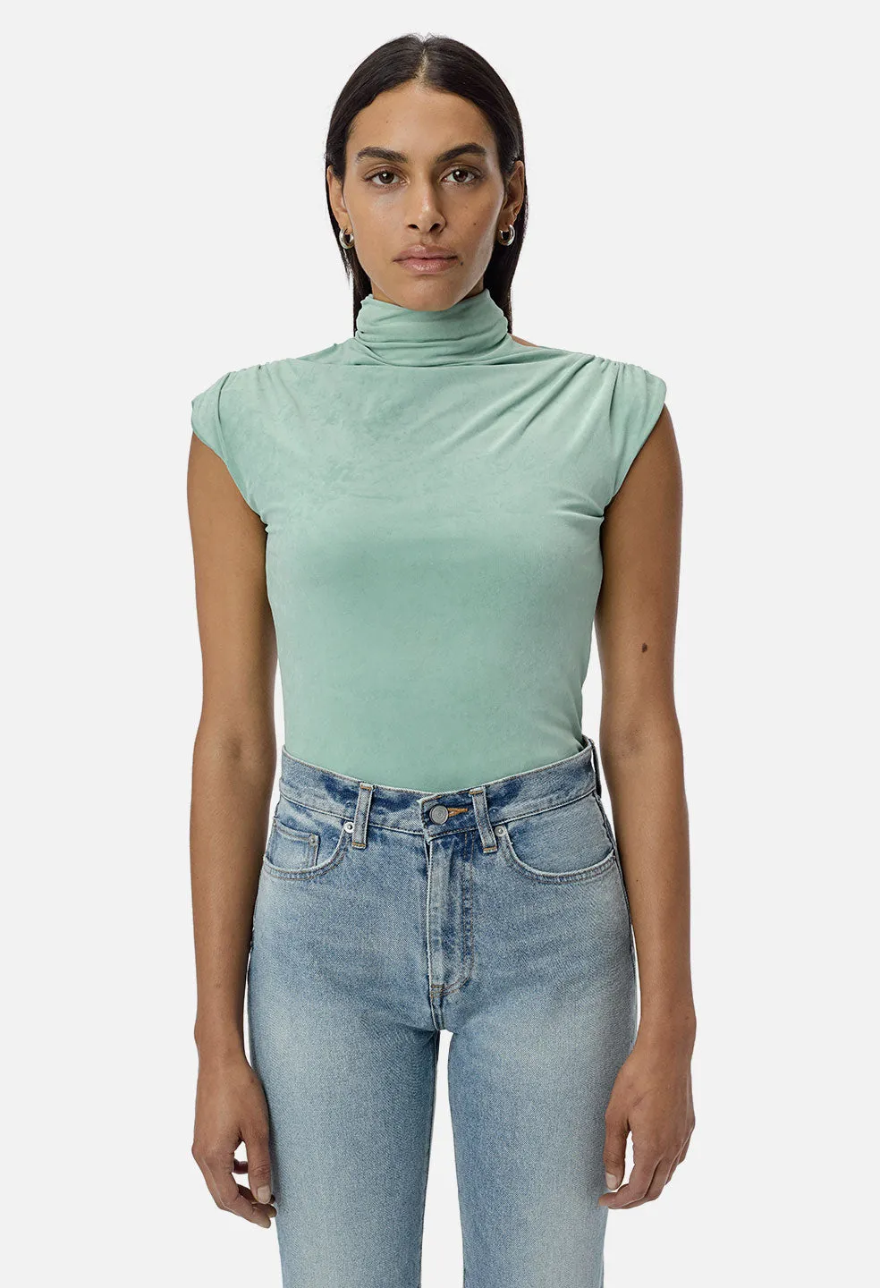 Velvet Jersey Sleeveless Turtleneck / Celadon