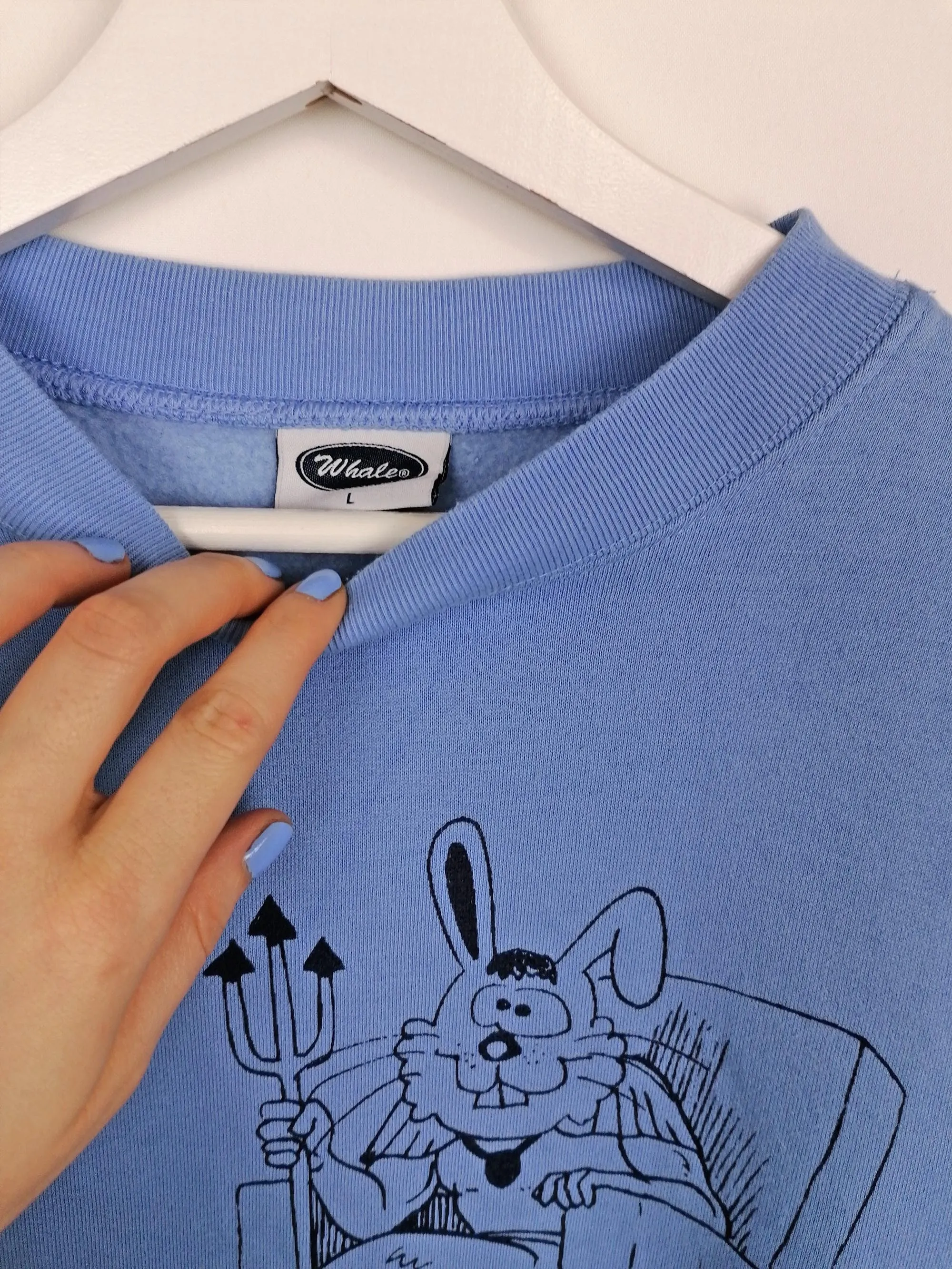 WHALE Retro Print Baby Blue Sweatshirt - size L