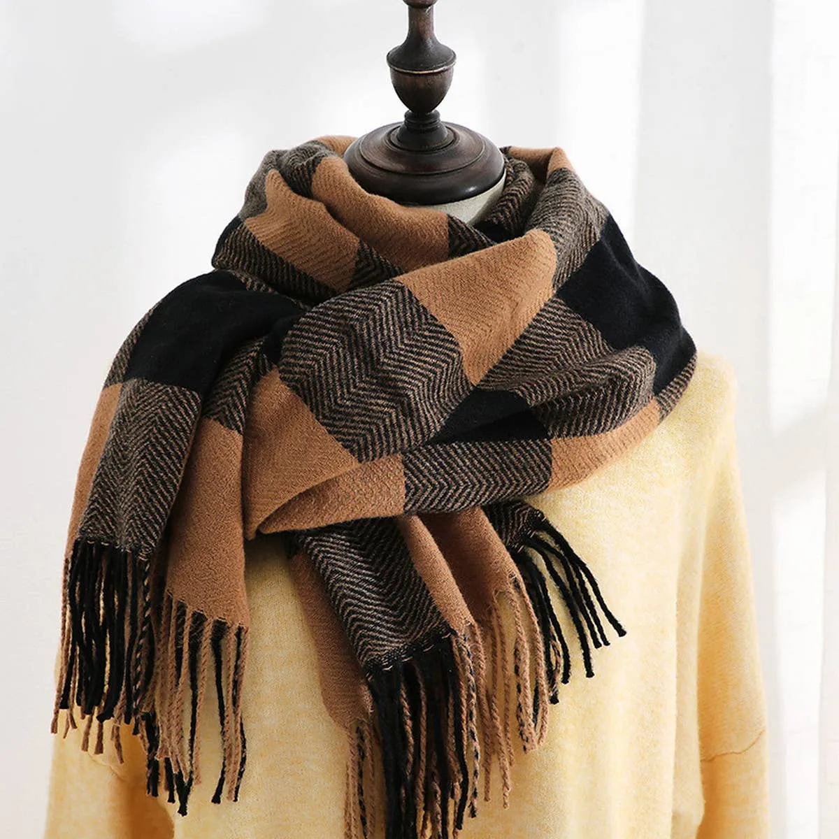 WINTER PLAID SCARF CASHMERE FEEL TASSEL SCARF