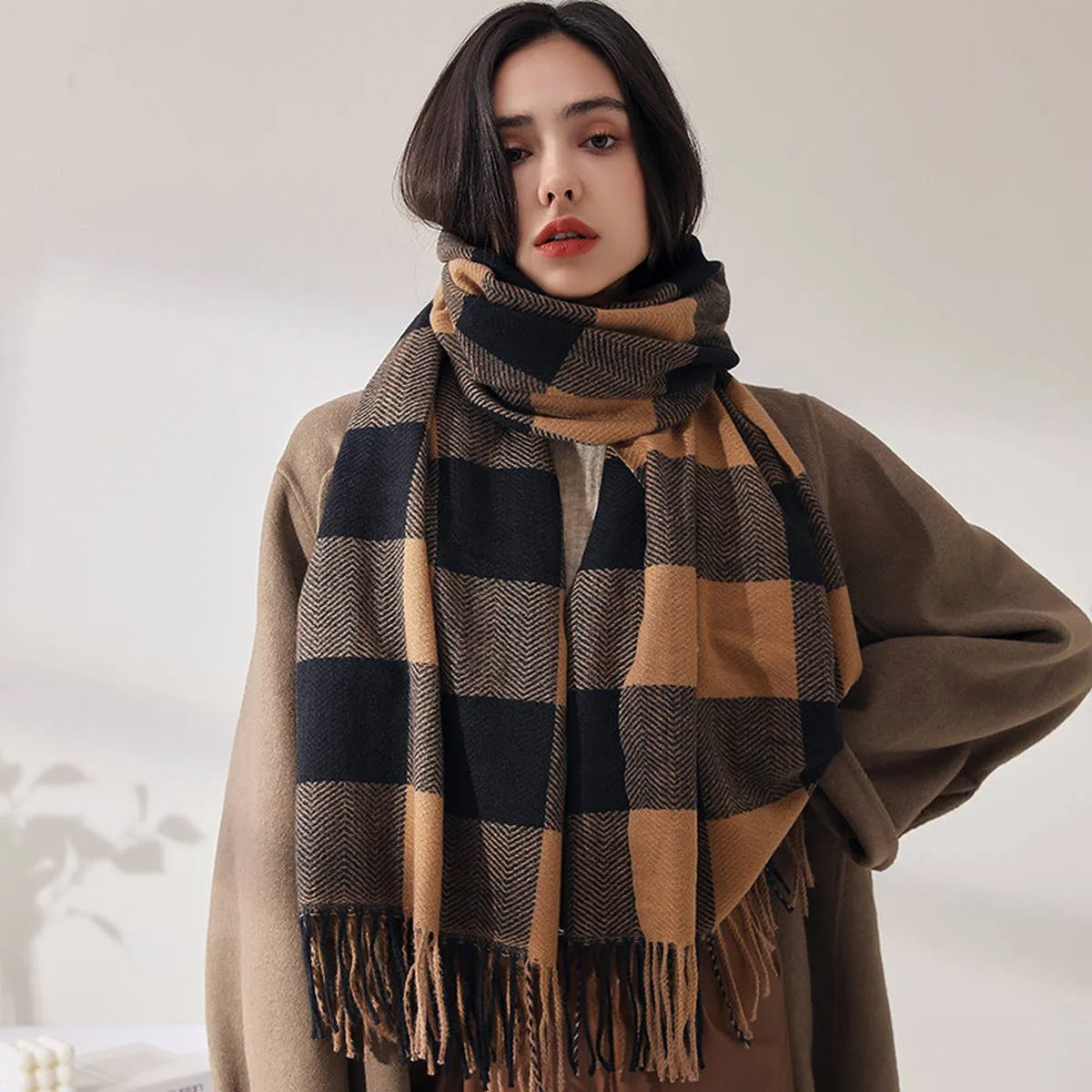 WINTER PLAID SCARF CASHMERE FEEL TASSEL SCARF