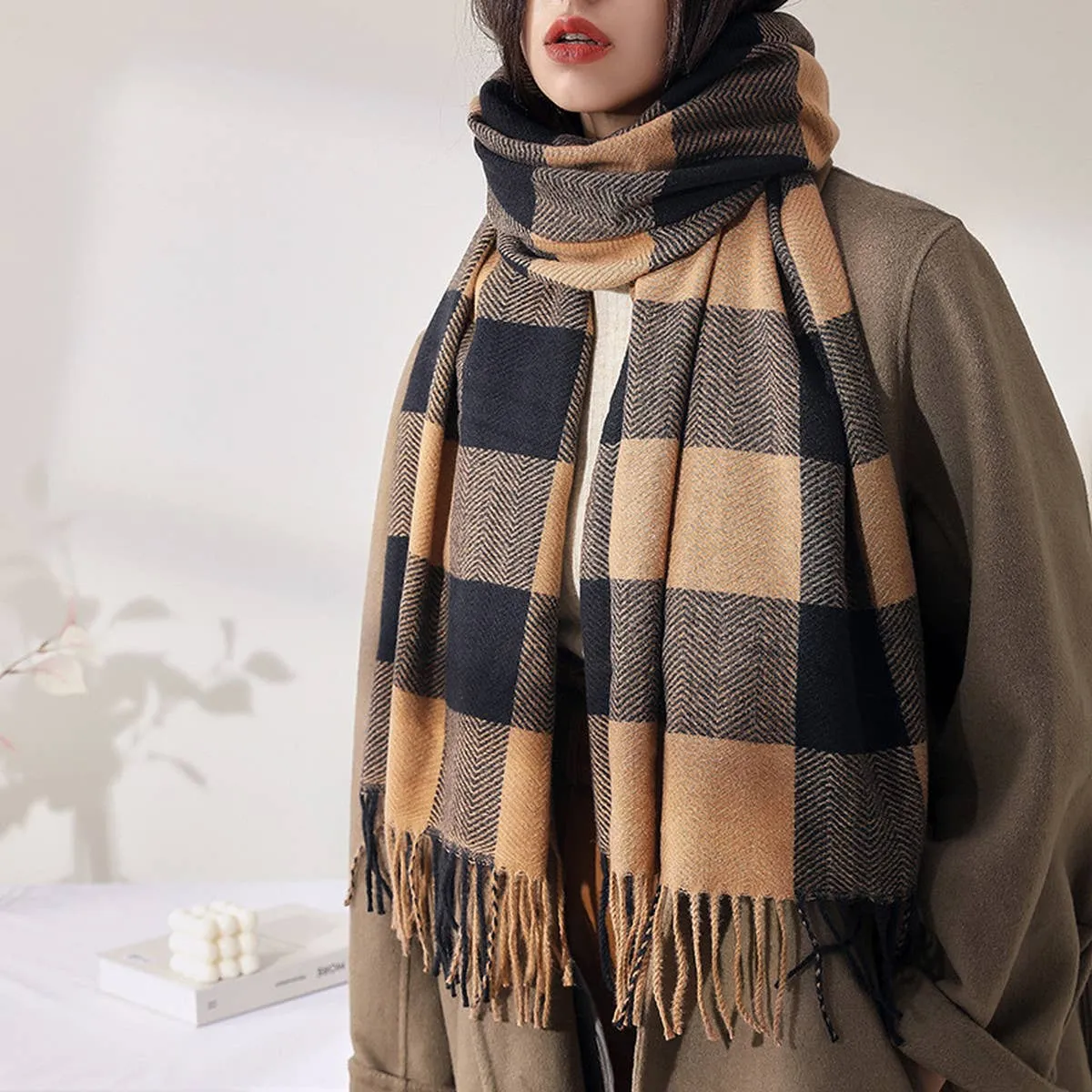 WINTER PLAID SCARF CASHMERE FEEL TASSEL SCARF