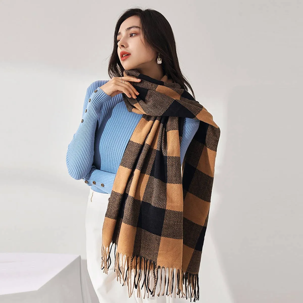 WINTER PLAID SCARF CASHMERE FEEL TASSEL SCARF