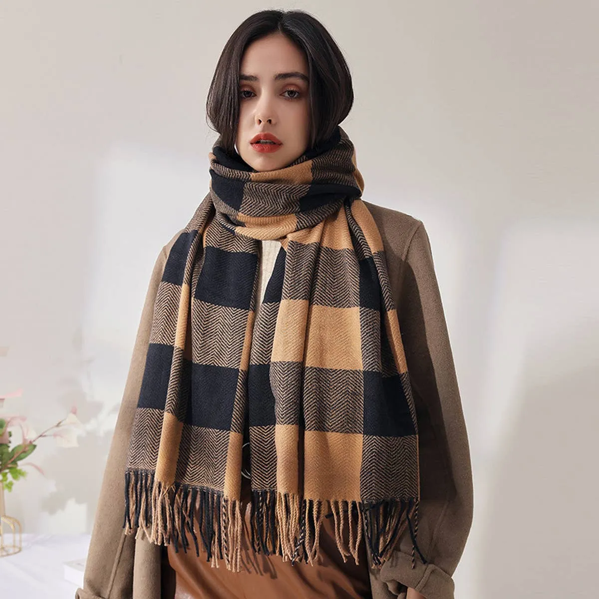 WINTER PLAID SCARF CASHMERE FEEL TASSEL SCARF