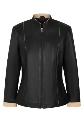 Women's Classic Black with Cream Real Leather Jacket - SARAH