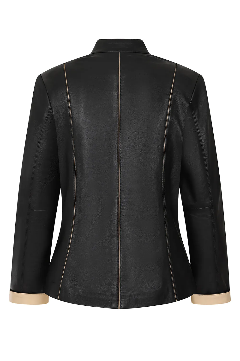 Women's Classic Black with Cream Real Leather Jacket - SARAH