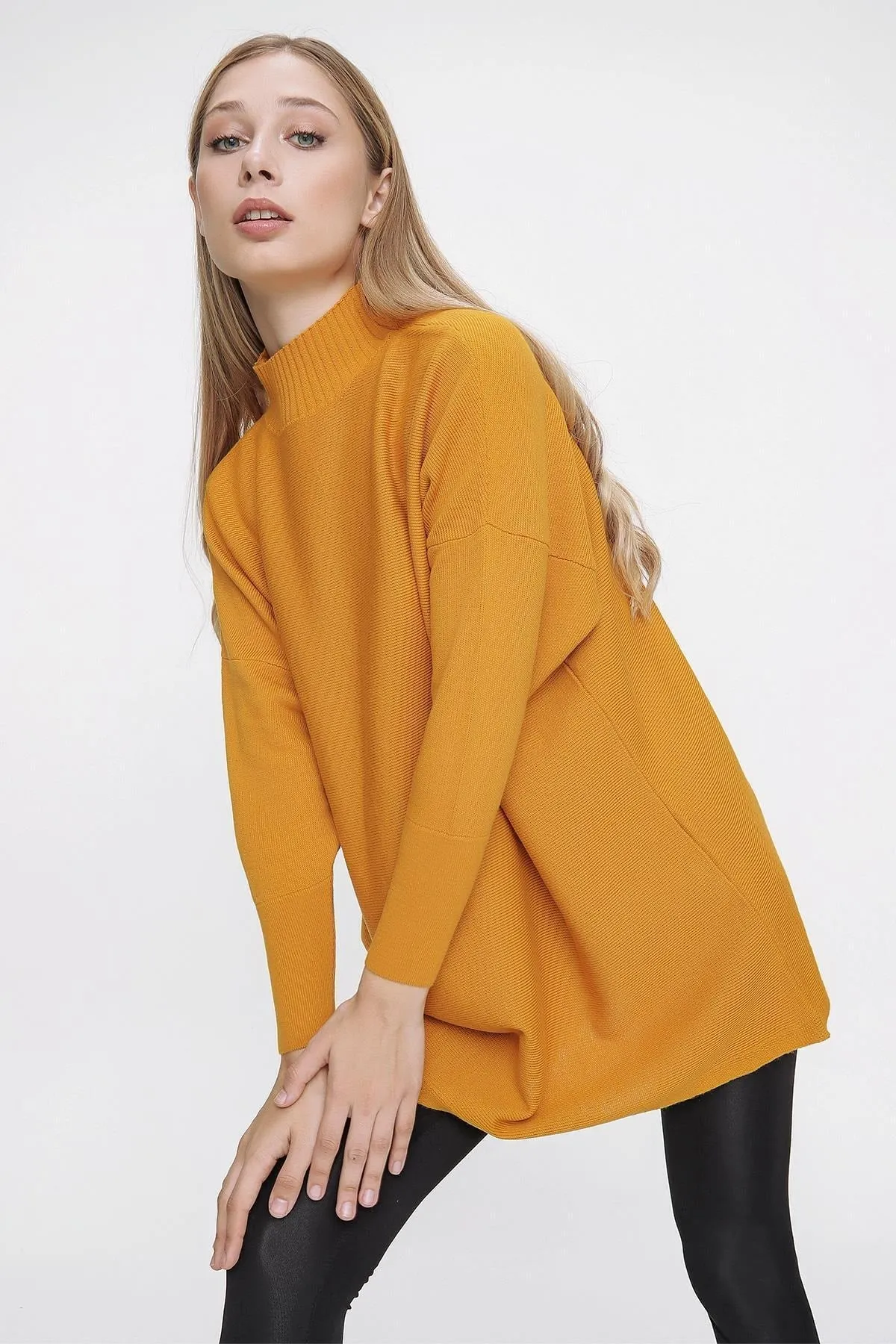 Women's Mustard Half Turtleneck Loose Long Knitwear Poncho - Chuba